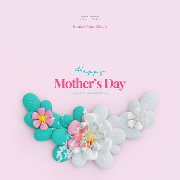 Fondo de saludo del Día de la Madre feliz decorado con lindas flores y hojas