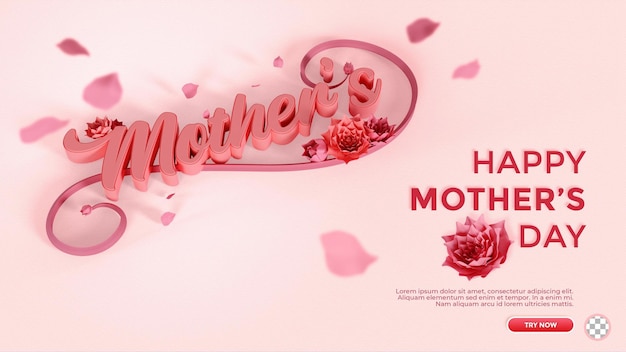 Fondo de saludo del día de la madre de texto en 3d con pétalo de flor y caja en color rosa