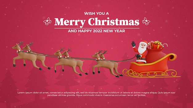 Fondo de saludo de feliz navidad con santa renos voladores prestidigitación