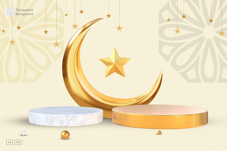 PSD fondo de saludo islámico de ramadán con lindos adornos de mezquita 3d y media luna islámica