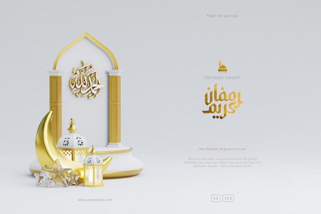 Fondo de saludo de Ramadán islámico con linda mezquita de podio 3D y adornos de media luna islámica