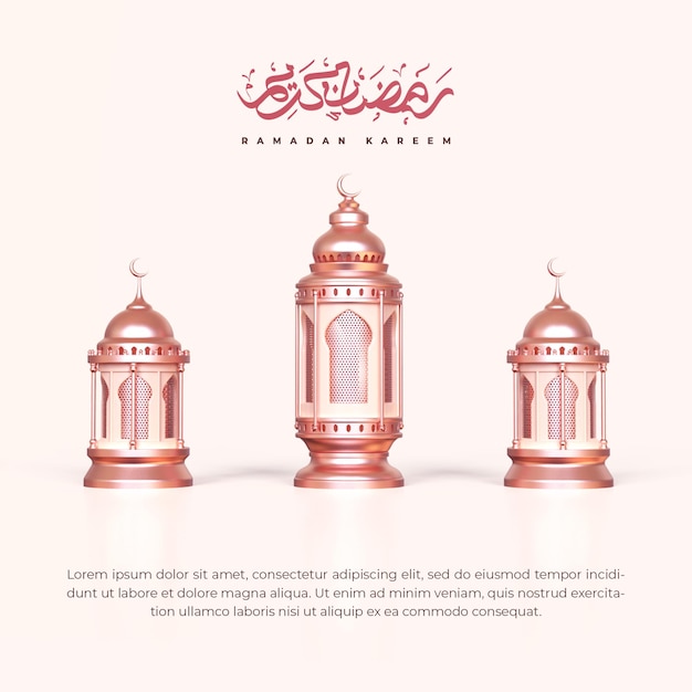 Fondo de saludo de ramadán islámico con linternas 3d y objetos de decoración islámica