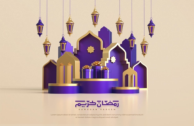 Fondo de saludo de ramadan kareem con elementos decorativos festivos islámicos 3d realistas