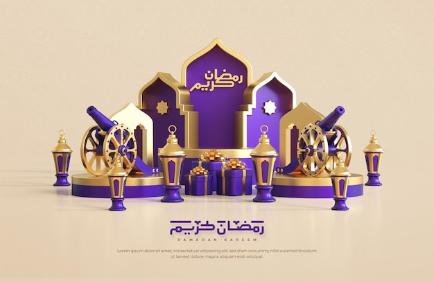 Fondo de saludo de ramadan kareem con elementos decorativos festivos islámicos 3d realistas