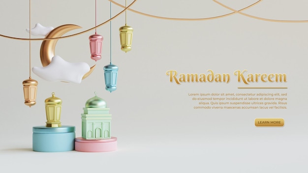 Fondo de saludos de ramadán kareem con decoración festiva islámica 3d realista y colorida