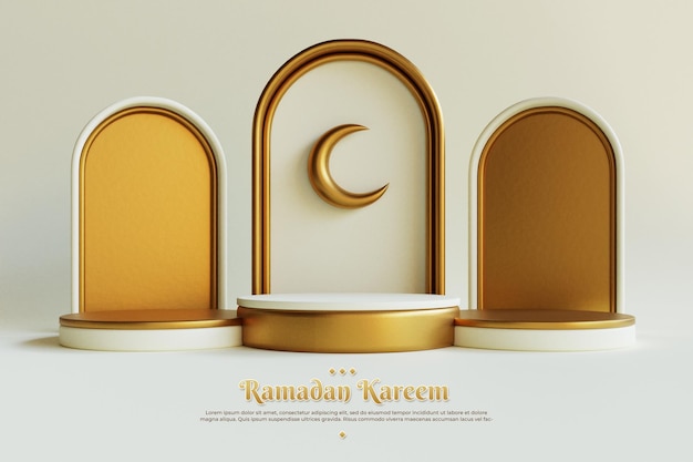 Fondo de saludos de ramadan kareem con luna decorativa en el podio realista 3d islámico