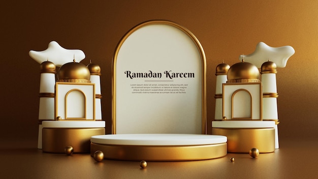 Fondo de saludos de ramadan kareem con mezquita decorativa en el podio realista 3d islámico