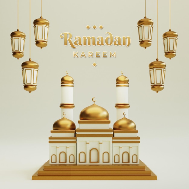Fondo de saludos de ramadan kareem con mezquita decorativa en el podio realista 3d islámico