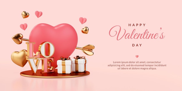 Fondo de tarjeta de felicitación del día de San Valentín con corazones de color rosa y oro, regalos y espacio de copia en 3D Render