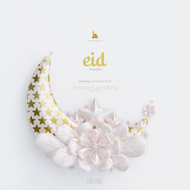 PSD fondo de tarjeta de felicitación de eid mubarak con adornos islámicos y media luna de flores decorativas en 3d