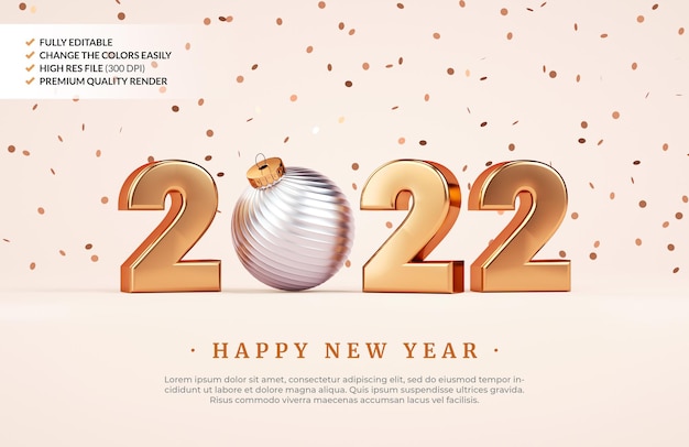 Fondo de tarjeta de felicitación de feliz año nuevo 2022 con números dorados y bola de navidad en 3d rendering