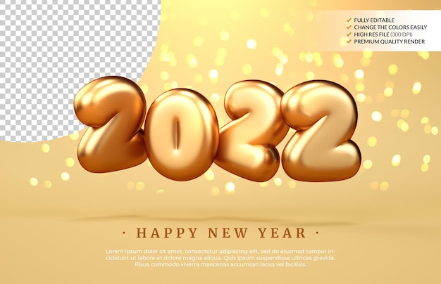 Fondo de tarjeta de felicitación de feliz año nuevo 2022 con números dorados y luces en representación 3D