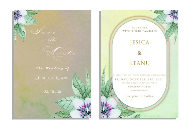 Fondo de tarjeta de invitación de boda de lujo con flor de arte de línea dorada y hojas botánicas, orgánico