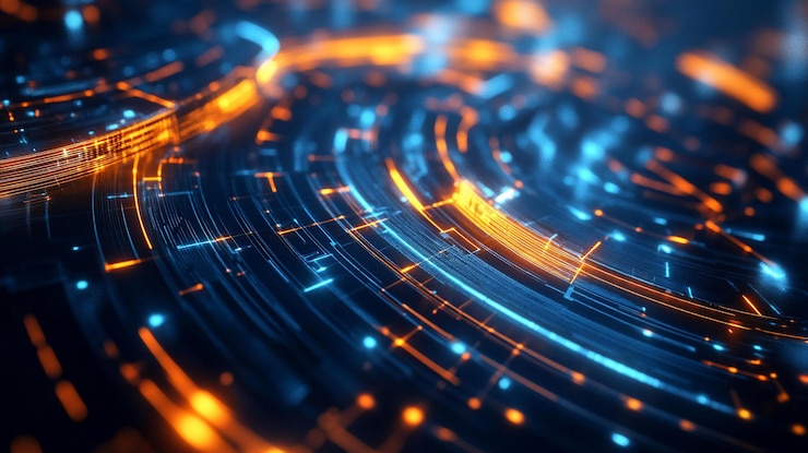 PSD fondo de tecnología digital abstracto con líneas naranjas y azules brillantes que forman patrones circulares