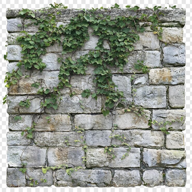 PSD fondo de textura de pared de piedra con plantas de hiedra verde que crecen en él ladrillos grises rústicos desgastados telón de fondo de naturaleza al aire libre