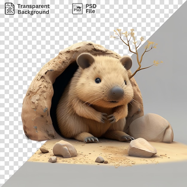 PSD fondo transparente 3d de dibujos animados wombat cavando una madriguera