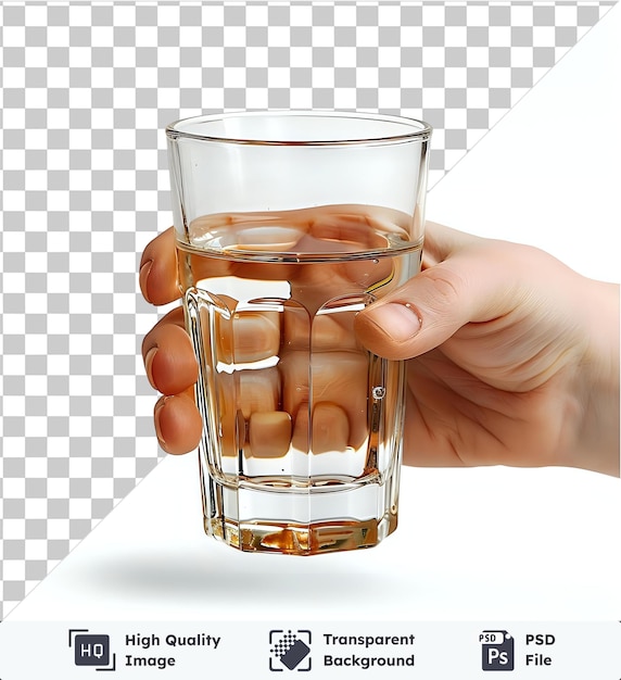 Fondo transparente con agua potable aislada agua limpia en vaso con la mano sosteniéndola en el aire