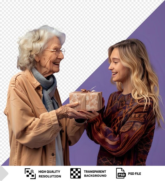 PSD fondo transparente con aislada alegre anciana presentando un regalo a una mujer rubia de mediana edad png psd