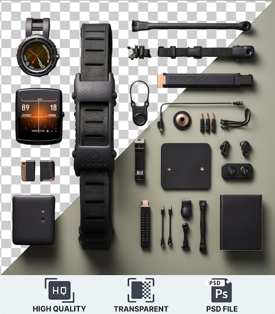 Fondo transparente con aislado de alta tecnología de fitness y rastreo aparatos establecer un reloj negro un fondo negro y transparente y un mango negro