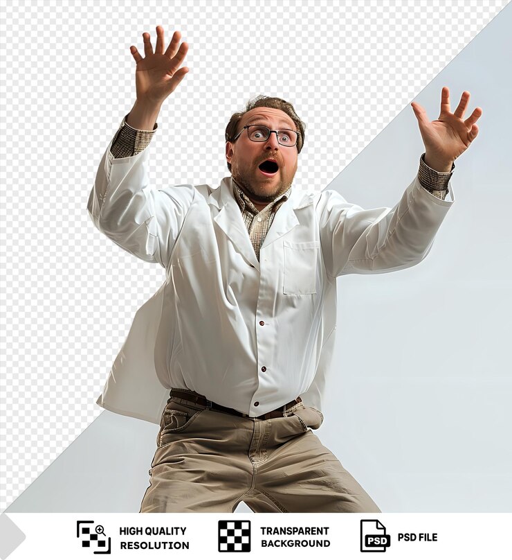 PSD fondo transparente con aislado científico sorprendido que deja caer un tubo de ensayo en asombro png