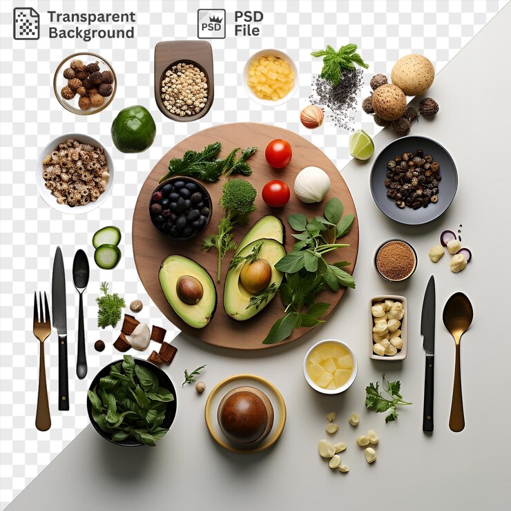 PSD fondo transparente con aislado conjunto de cocina vegetariana gourmet con una variedad de alimentos, incluidos aguacates verdes cuencos blancos y negros cucharas de plata un pequeño ajo blanco y un