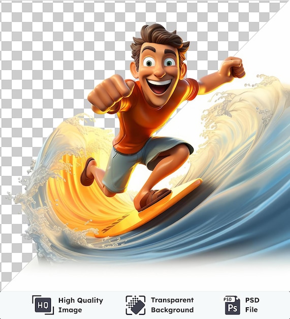 PSD fondo transparente con aislado dibujos animados de surfistas 3d atrapando una ola al atardecer ilustración 3d