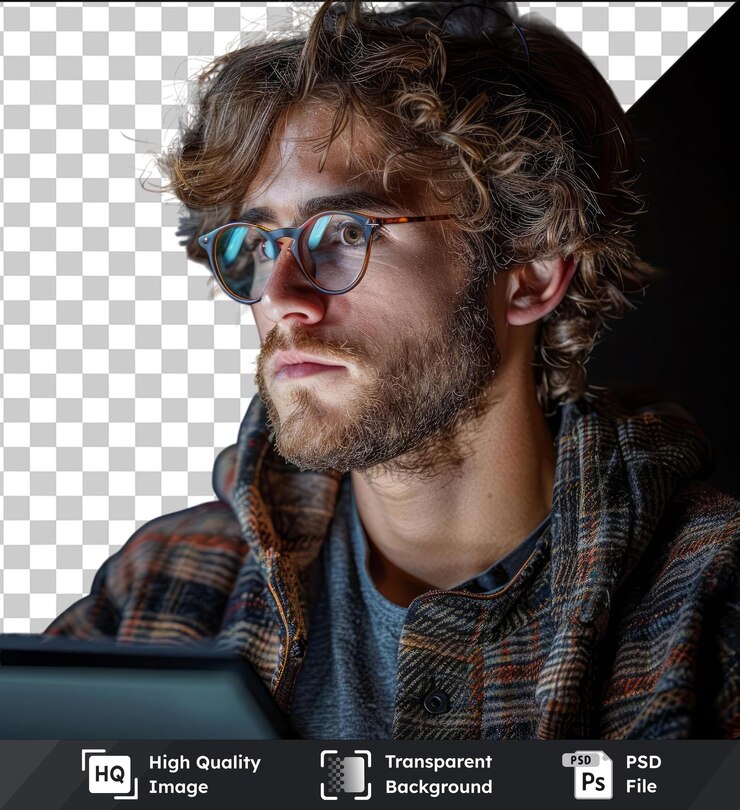 PSD fondo transparente con aislado disfrutando de los beneficios de la tecnología de la tableta un joven guapo trabajando en su tableta digital