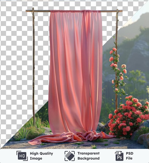 PSD fondo transparente con aislado eid bandera de jardín temático para ramadán con una gran roca cielo azul cortina rosa y árbol verde