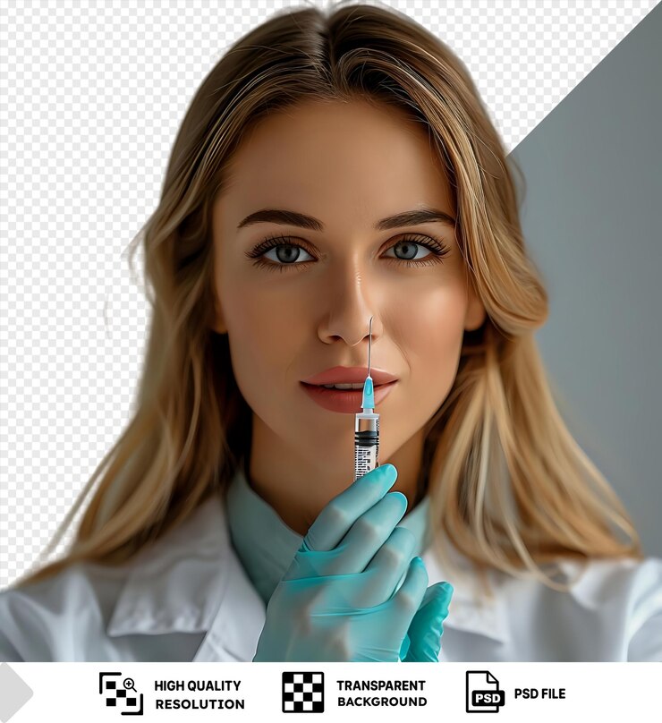 PSD fondo transparente con aislado enfocado tranquilo pediatra femenina examinando una jeringa desechable en su mano llena de medicamento antes de un procedimiento médico png