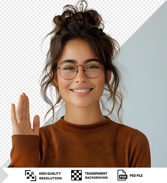 Fondo transparente con aislado feliz chica amigable gafas que lleva marrón ondas superiores palma en hola expresa emociones positivas tiro de estudio