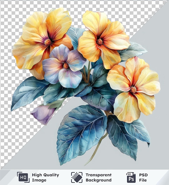 PSD fondo transparente con aislado hermosa acuarela primrose flores clipart y hojas acuáticas