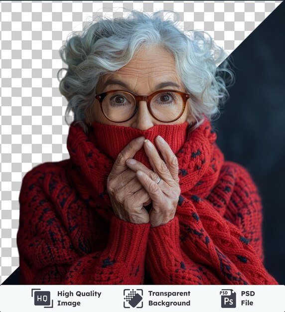 PSD fondo transparente con aislado hermosa mujer de mediana edad mayor suéter de invierno rojo sobre aislado boca y labios cerrados como cremallera con los dedos secreto y silencioso tabú hablando con la cámara