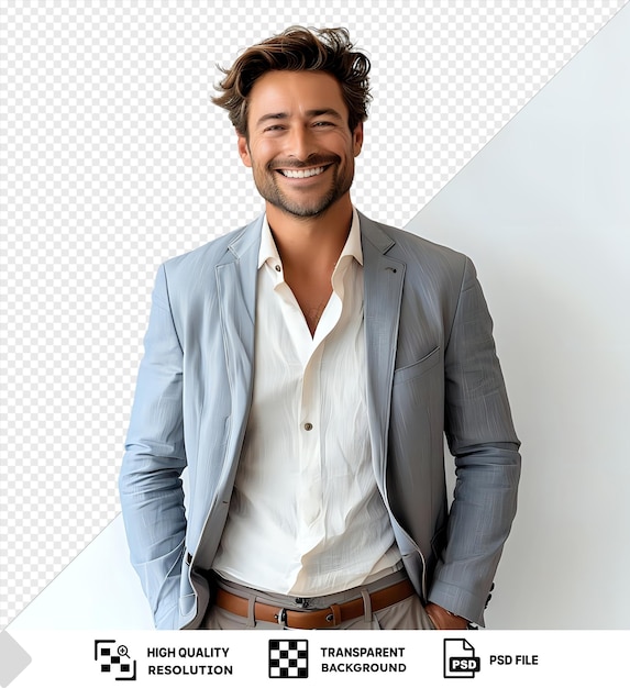 PSD fondo transparente con aislado hombre moreno feliz con ropa formal sonriendo a la cámara con las manos en los bolsillos png