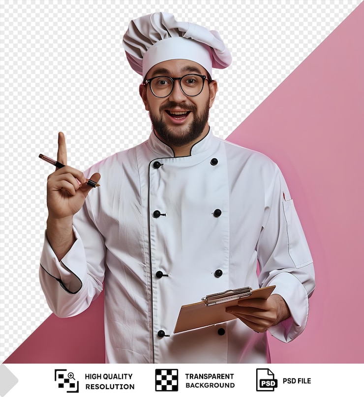 PSD fondo transparente con aislado impresionado joven chef con gafas uniforme y gorra mirando cámara mostrando el portapapeles apuntándolo con la mano png psd