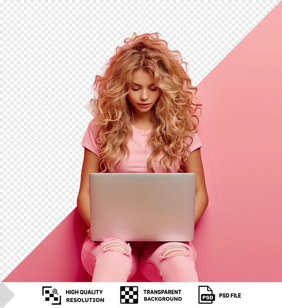 fondo transparente con aislado en internet mujer sentada en el suelo con una computadora portátil png psd