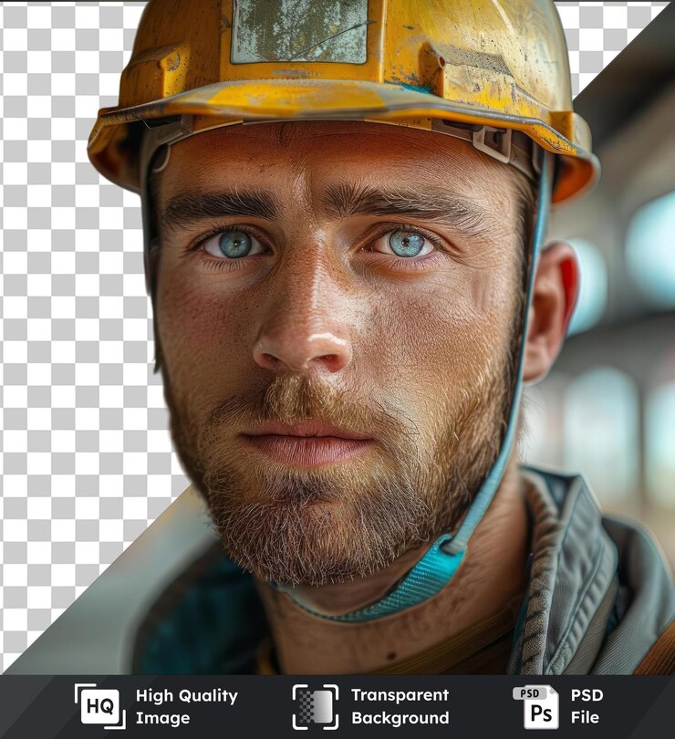 PSD fondo transparente con aislado joven hermoso constructor masculino en casco está mirando a la cámara