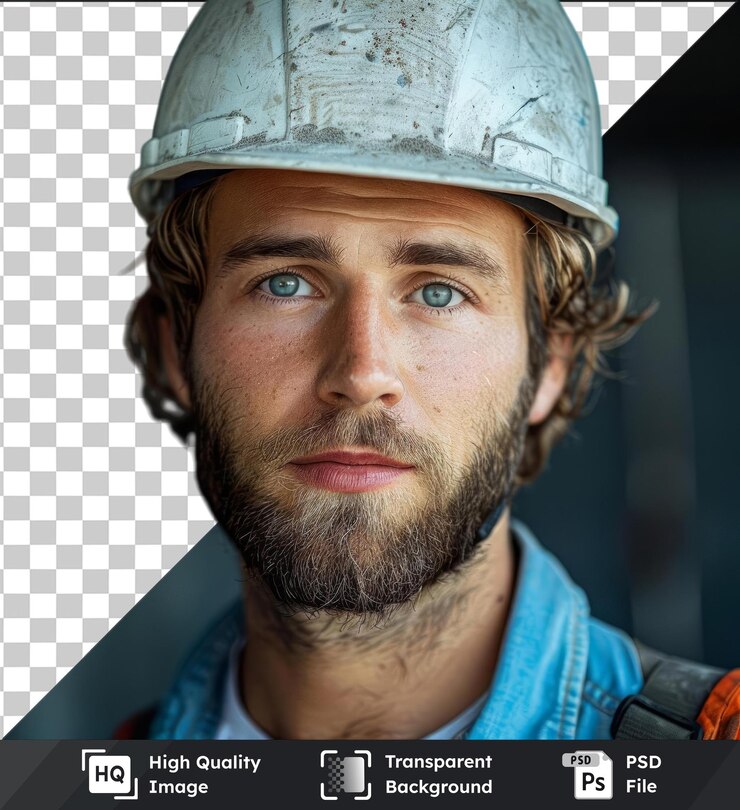 PSD fondo transparente con aislado joven hermoso constructor masculino en casco está mirando a la cámara