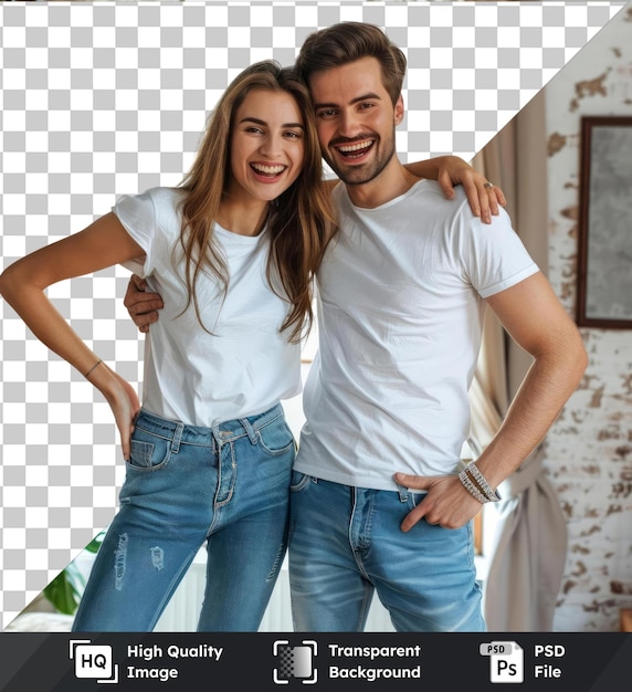 PSD fondo transparente con aislado joven pareja linda en camisetas blancas y vaqueros azules de pie en el nuevo apartamento y regocijarse en la felicidad