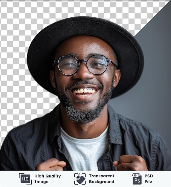 PSD fondo transparente con aislado joven sonriente feliz encantado divertido hombre afroamericano de veinte años que lleva elegante camiseta de sombrero negro gafas hacer ganador gesto cerrar el puño celebrando decir sí espuma de poliestireno