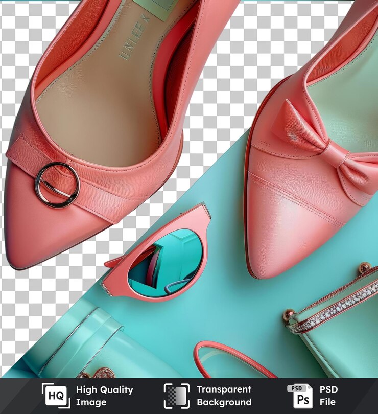 PSD fondo transparente con aislado de lujo diseñador de zapatos y colección de accesorios establecido en la mesa azul con un zapato rosado y un talón rojo y rosado