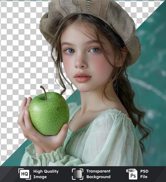 Fondo transparente con aislado la niña sostiene una manzana verde