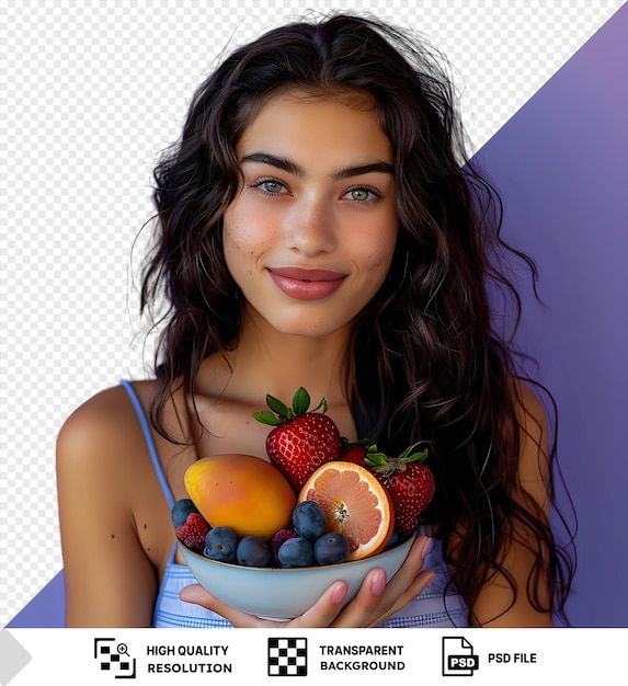 PSD fondo transparente con aislado saludable comer cuenco de fruta fresca atractivo y mujer joven con frutas frescas en el cuenco png psd