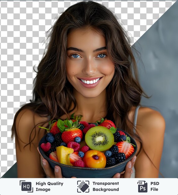 Fondo transparente con aislado saludable comer cuenco de fruta fresca atractivo y mujer joven con frutas frescas en el cuenco