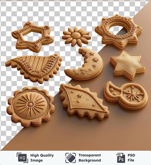 PSD fondo transparente con aislado set de cortador de galletas con tema de ramadán con galletas doradas y marrones una pequeña flor y una estrella dorada