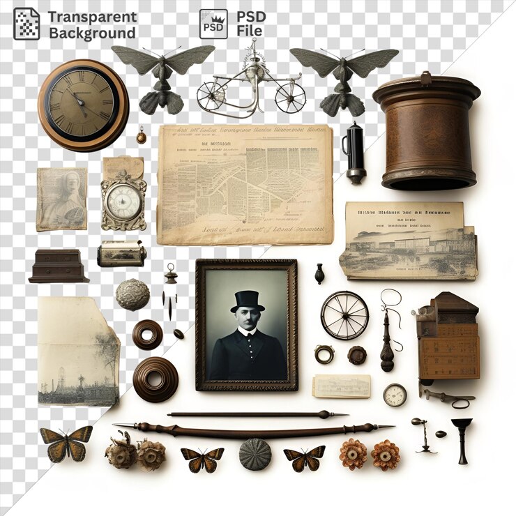 PSD fondo transparente con aislados historiadores fotográficos realistas artefactos históricos que incluyen un reloj marrón sombrero negro y mariposa negra y marrón exhibido en una pared blanca