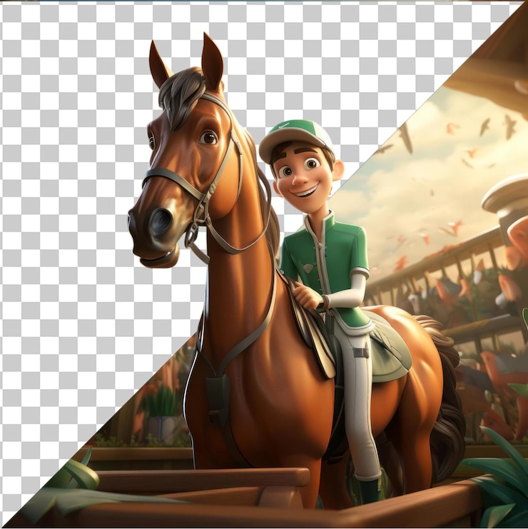 PSD fondo transparente con aislamiento 3d entrenador de caballos de carreras dibujado animado cuidando a un campeón