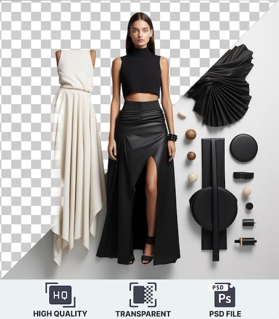 Fondo transparente con aislamiento de lujo de alta moda colección de pista de aterrizaje con un vestido blanco falda negra y paraguas negro