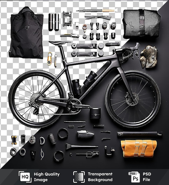 Fondo transparente con aislamiento personalizado de bicicleta de alta gama y accesorios con una bolsa negra, llave de plata y oro y asiento negro