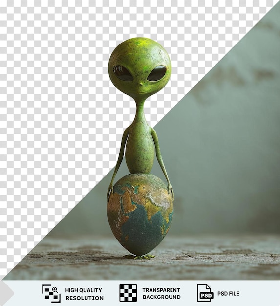 PSD fondo transparente con alienígena aislado 3d explorando la tierra acompañado por una rana verde y un ojo negro contra una pared gris