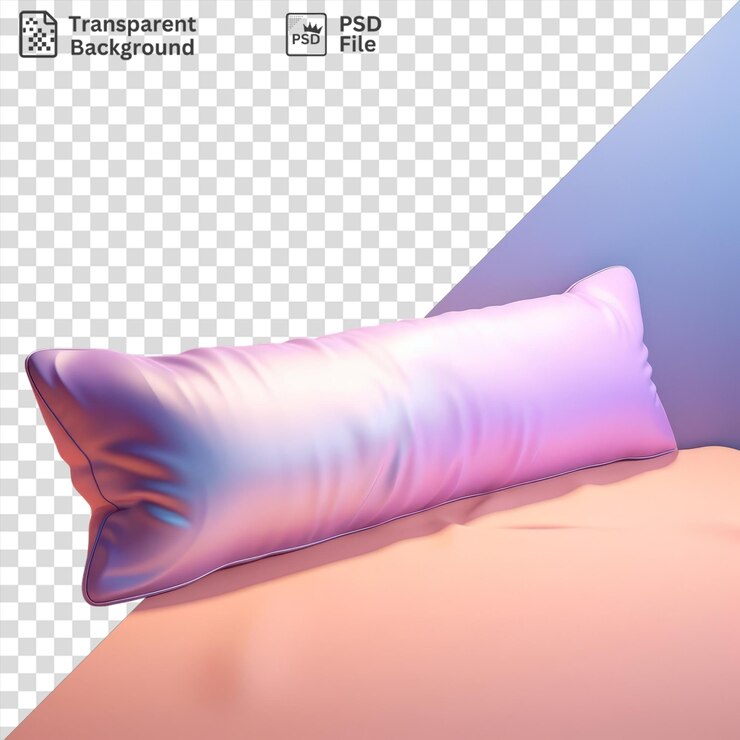 PSD fondo transparente con almohada blanca aislada en una mesa blanca contra una pared azul y púrpura